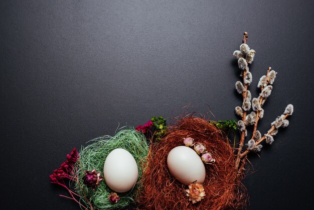 Ostern-Konzept, Eier, Zweige der Pussyweide auf schwarzem Hintergrund.