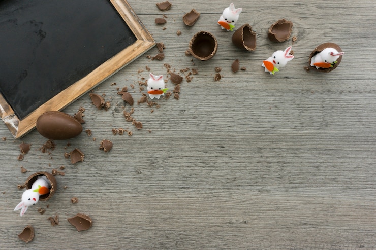 Kostenlose Foto ostern zusammensetzung mit unbeschriebenes blatt, schokoladeneier und dekorative kaninchen