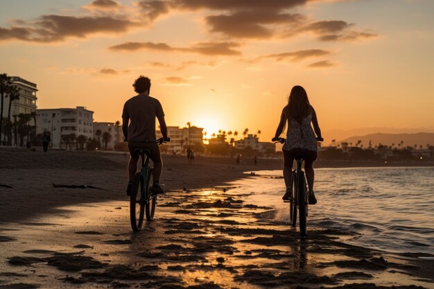 Paar fährt bei Sonnenuntergang mit dem Fahrrad am Strand