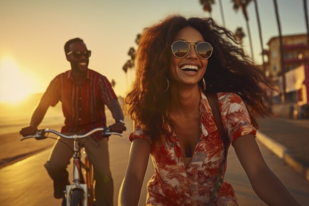 Paar fährt bei Sonnenuntergang mit dem Fahrrad am Strand