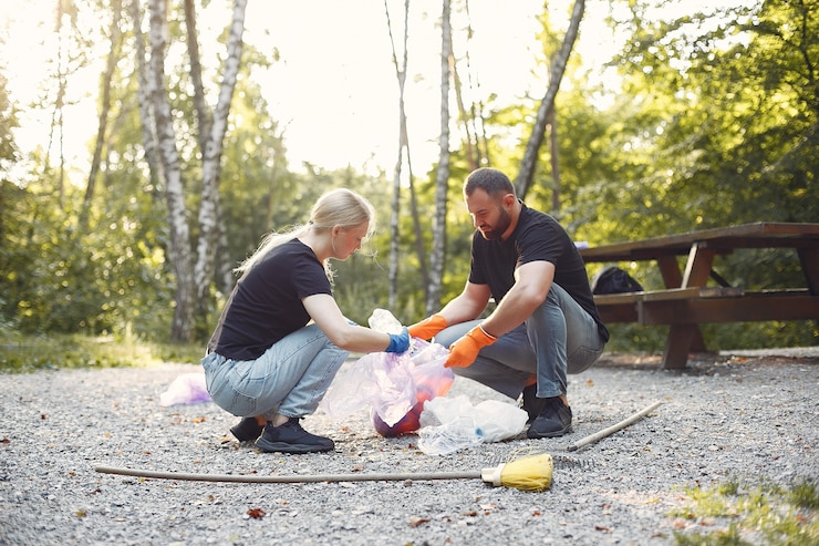 Kostenlose Foto paar sammelt müll in müllsäcken im park