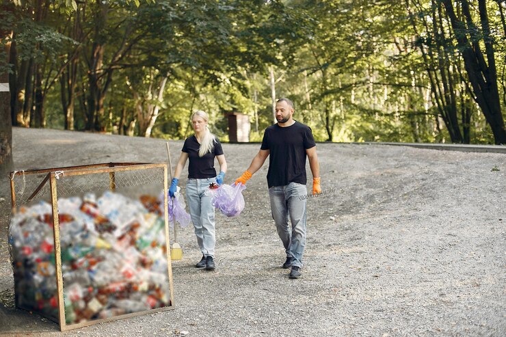 Kostenlose Foto paar sammelt müll in müllsäcken im park