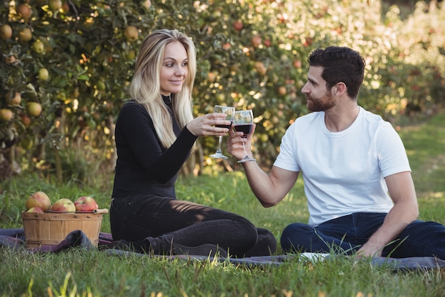 Paare, die Gläser Wein im Apfelgarten rösten