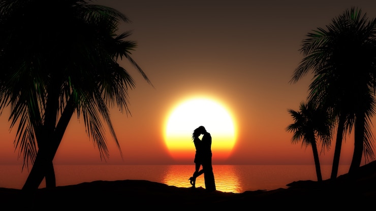 Kostenlose Foto paare gegen sonnenuntergang meer mit palmen