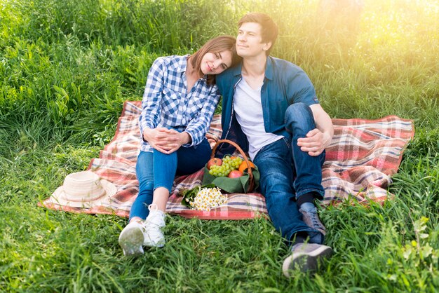 Paare, welche die schöne Zeit am Picknick auf Wiese haben