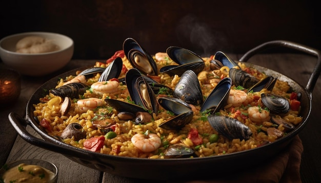 Paella mit frischen Meeresfrüchten, die von KI in Gourmet-Perfektion zubereitet wird