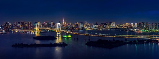 Panorama des Tokio-Stadtbildes und der Regenbogenbrücke bei Nacht.