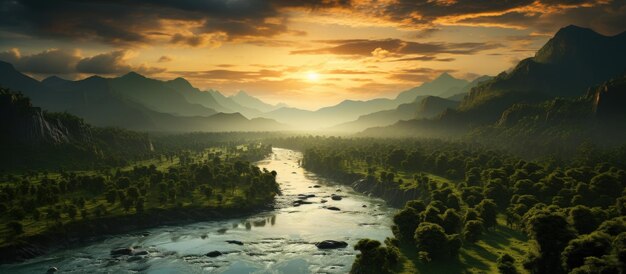 Panoramablick auf den Fluss und die Berge bei Sonnenuntergang