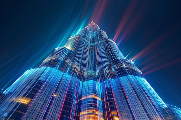 Panoramablick auf die Stadt Dubai, die in einem Neonspektrum beleuchtet ist