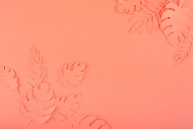 Papierblätter auf korallenrotem Hintergrund