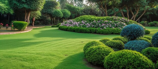 Park im Freien gepflegter Rasen und Blumenbeet KI-generiertes Bild