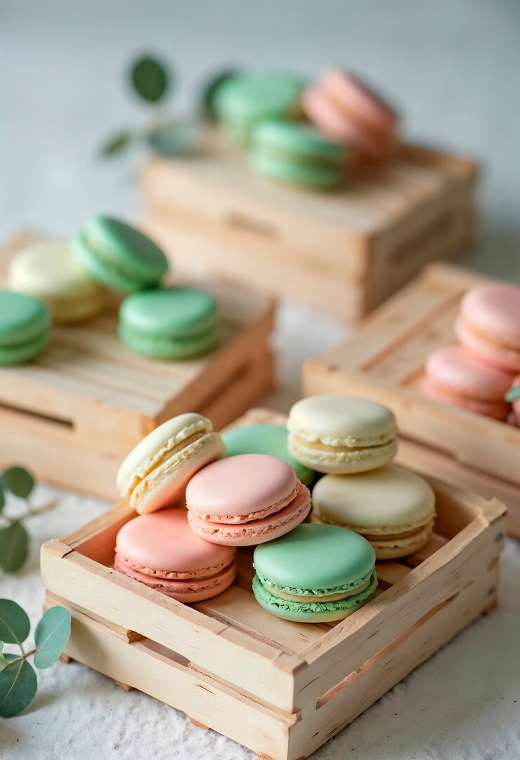 Kostenlose Foto pastellmacarons in holzkisten