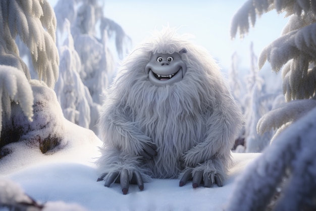 Pelzige Yeti-Charakterkreatur in Winterlandschaft