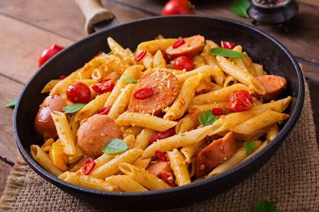 Penne Pasta mit Tomatensauce mit Wurst, Tomaten, grünem Basilikum in einer Pfanne auf einem Holztisch dekoriert