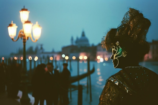 Person, die am Karneval von Venedig mit einem Kostüm und einer Maske teilnimmt