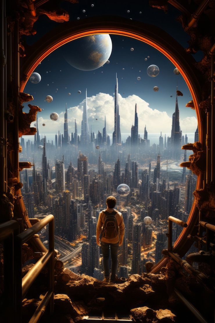 Kostenlose Foto person, die den futuristischen mystischen himmel einer anderen welt betrachtet