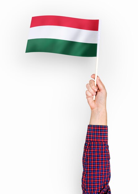 Person, die die Flagge von Ungarn wellenartig bewegt