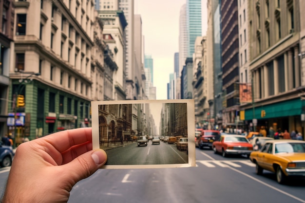 Kostenloses Foto person, die ein bild der altstadt von new york hält