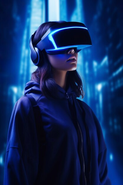 Person, die eine Hightech-VR-Brille trägt, während sie von leuchtend blauen Neonfarben umgeben ist.