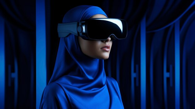 Person, die eine Hightech-VR-Brille trägt, während sie von leuchtend blauen Neonfarben umgeben ist.