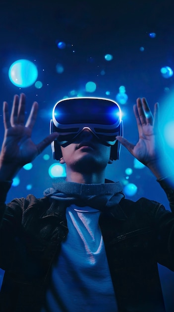 Person, die eine Hightech-VR-Brille trägt, während sie von leuchtend blauen Neonfarben umgeben ist.