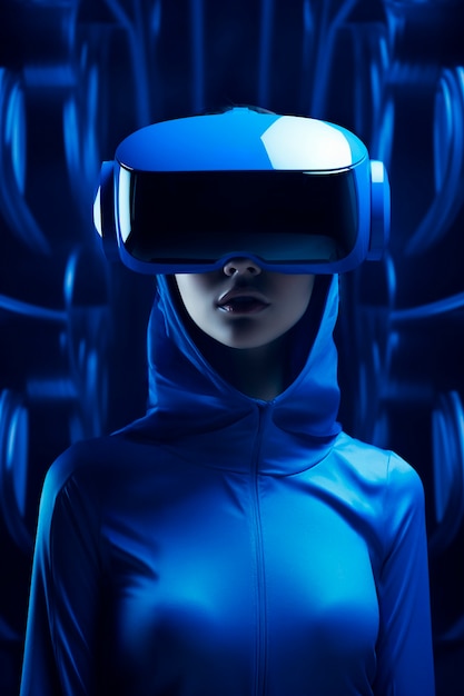 Person, die eine Hightech-VR-Brille trägt, während sie von leuchtend blauen Neonfarben umgeben ist.