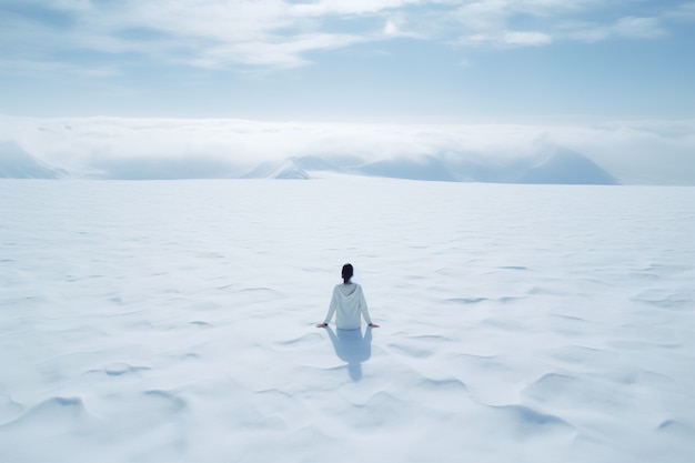 Person, die im Winter mit Schnee Yoga-Meditation praktiziert