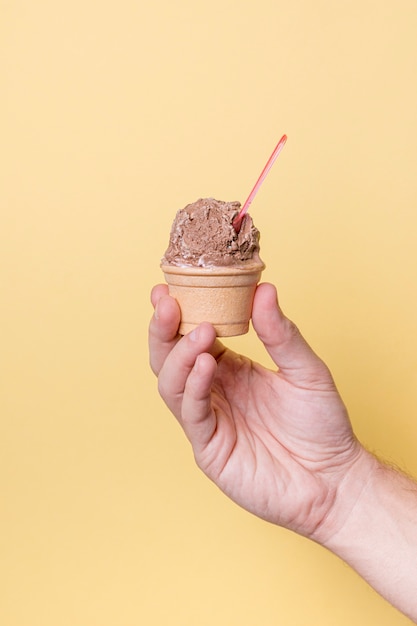 Person, die in der Hand Schaufel Eiscreme hält