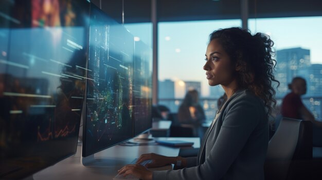 Person, die in einem futuristischen Büro arbeitet