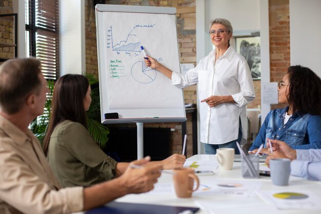 Person, die Informationen für ein Treffen am Whiteboard präsentiert