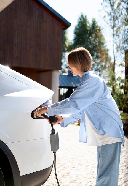 Person, die sich um Elektroautos kümmert