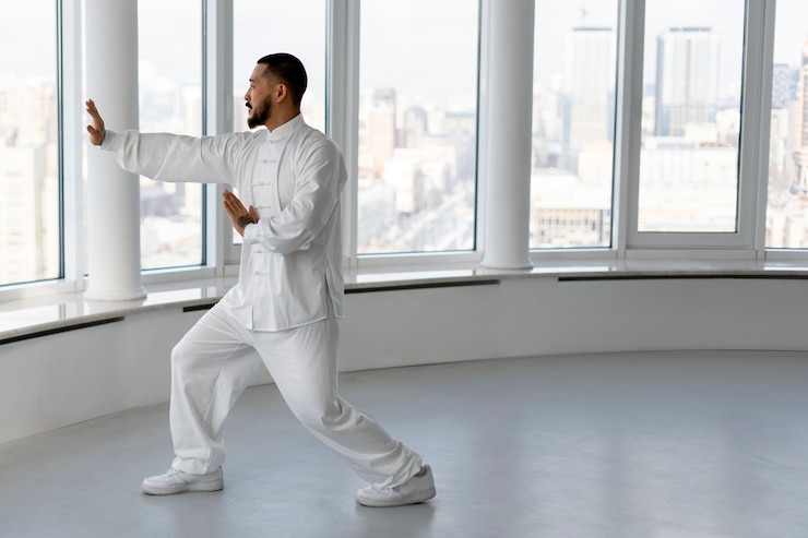 Kostenlose Foto person, die tai-chi in innenräumen übt