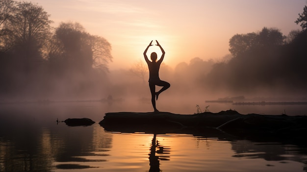 Person, die Yoga-Meditation in der Natur bei Sonnenuntergang oder Sonnenaufgang praktiziert