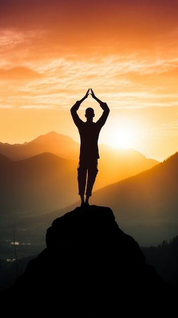 Person, die Yoga-Meditation in der Natur bei Sonnenuntergang oder Sonnenaufgang praktiziert