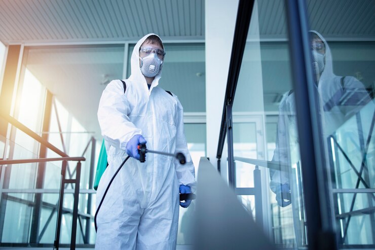 Kostenlose Foto person im weißen chemikalienschutzanzug, die öffentliche bereiche desinfiziert, um die ausbreitung des hoch ansteckenden koronavirus zu stoppen
