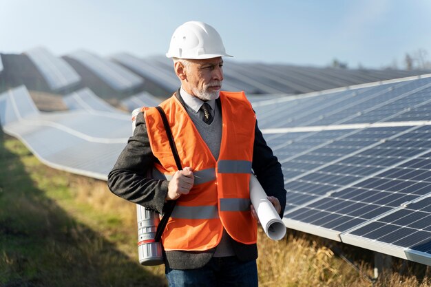 Person in der Nähe einer Alternative-Energie-Anlage