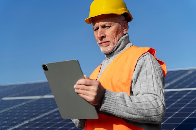 Person in der Nähe einer alternativen Energieanlage