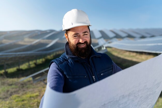 Person in der Nähe einer alternativen Energieanlage