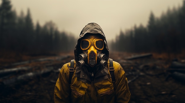 Kostenloses Foto person in schutzanzug und maske mit apokalyptischem hintergrund