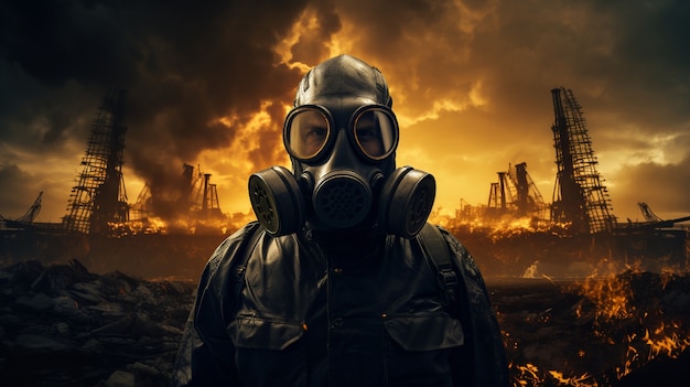 Person mit Gefahrstoff und Maske mit apokalyptischem Hintergrund