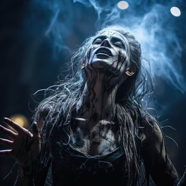 Person mit gotischem Kostüm und Make-up, die ein Drama für den Welttheatertag auftritt
