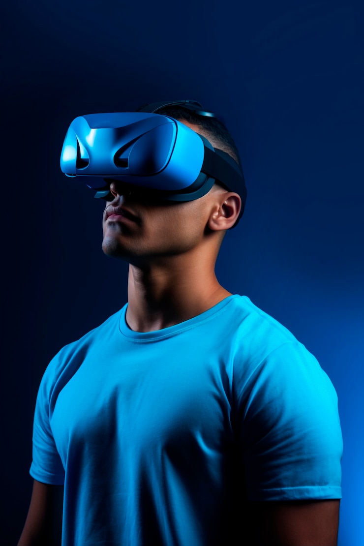 Kostenlose Foto person mit hightech-ar-headset, umgeben von leuchtend blauen neonfarben.