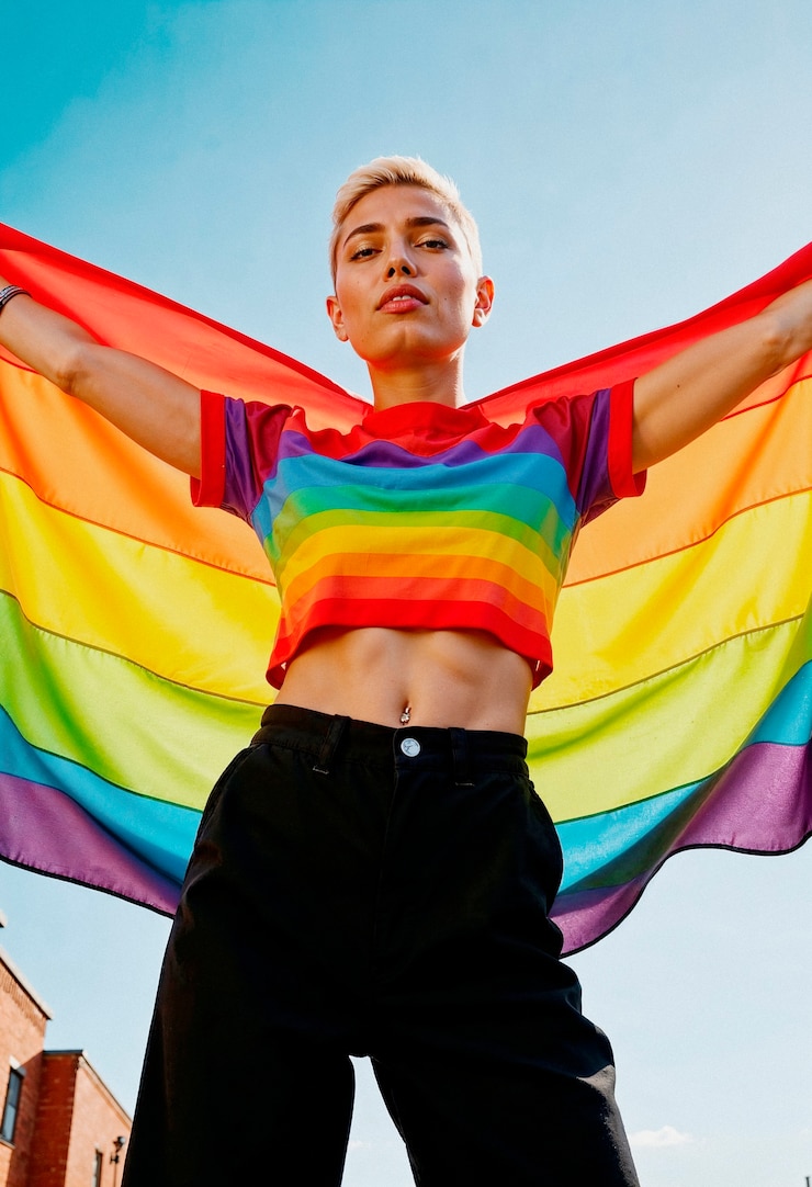 Kostenlose Foto person mit regenbogenflagge, die den stolz feiert