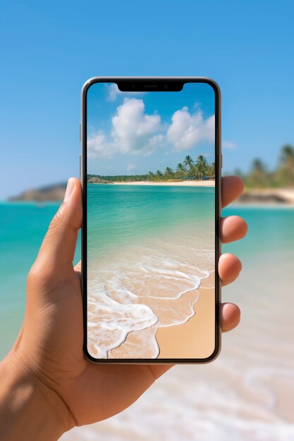 Person mit Smartphone mit Blick auf den Strand im Sommer