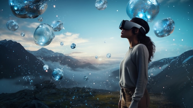 Person mit VR-Brille erlebt Metaverse