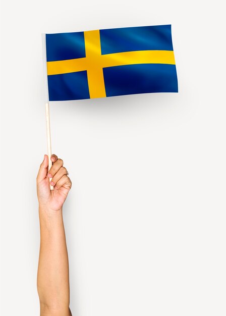 Person winkt die Flagge des Königreichs Schweden