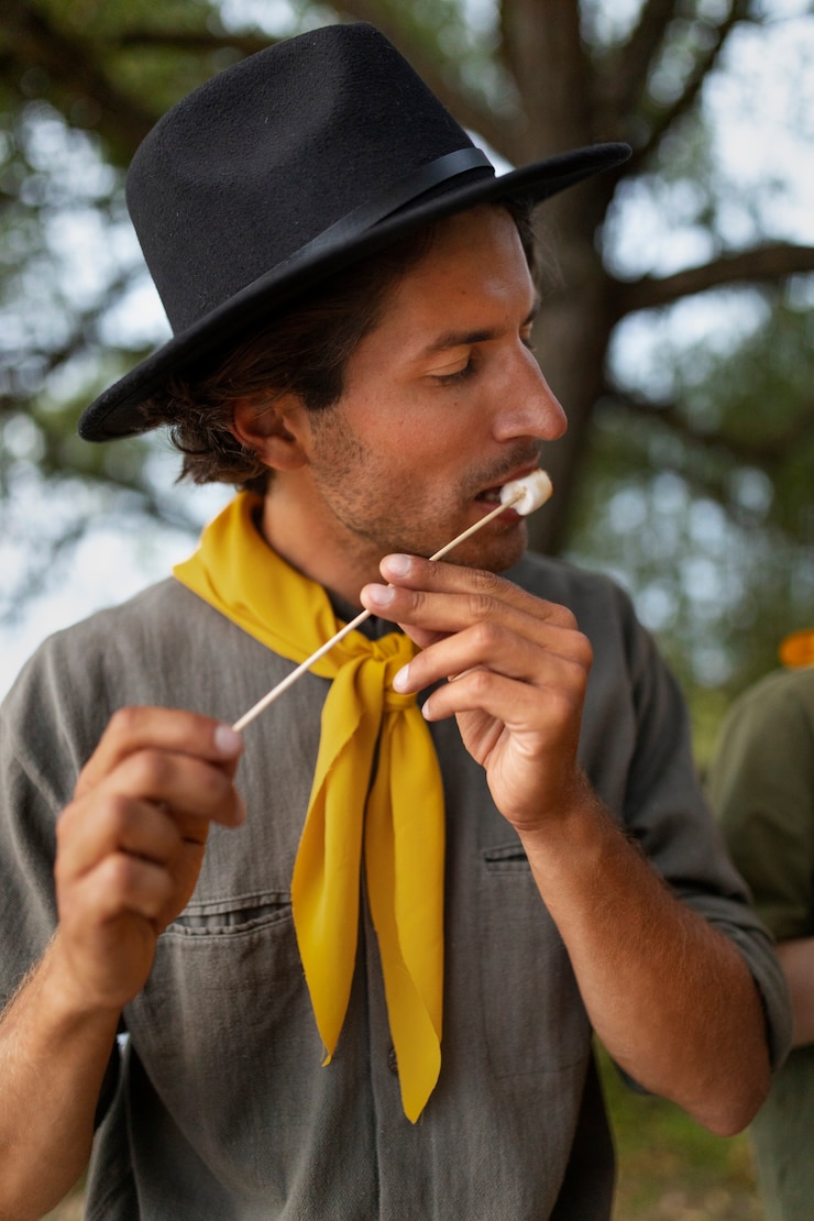 Kostenlose Foto pfadfinder mit mittlerem schuss, der marshmallow isst