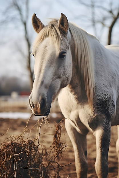 Kostenloses Foto pferd frisst heu auf dem bauernhof