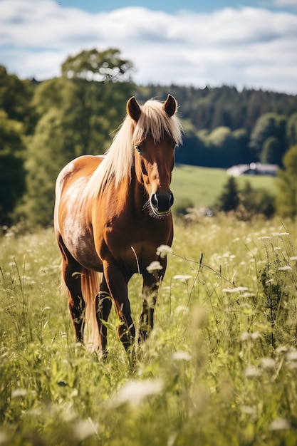 Kostenloses Foto pferd steht auf der weide