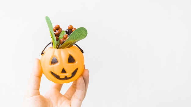 Pflanzen Sie die Hand, die Jack-O-Laterne mit Beeren hält